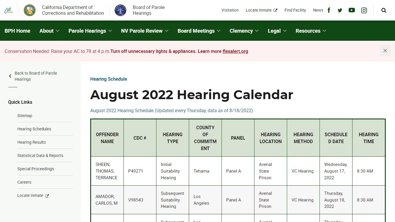 August 2022 Hearing Calendar - Board of Parole Hearings