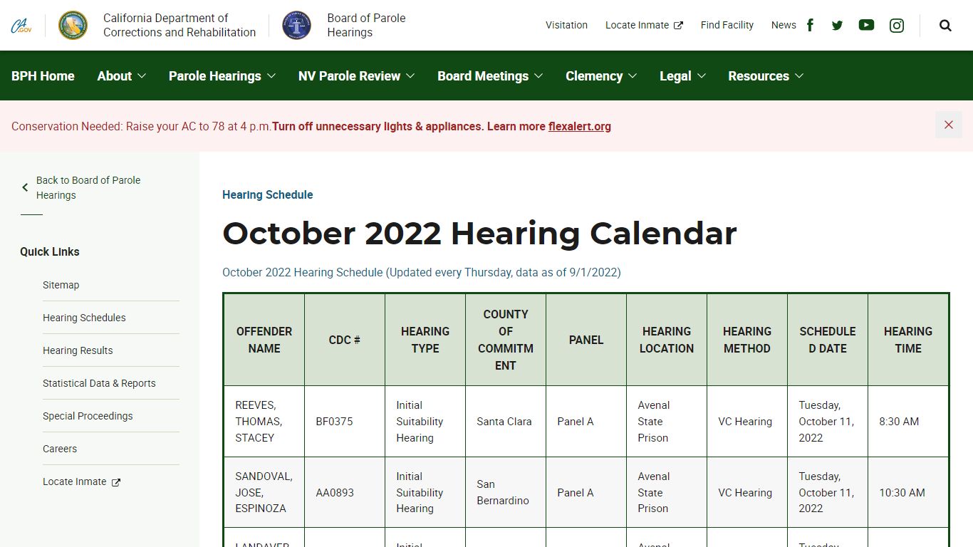 October 2022 Hearing Calendar - Board of Parole Hearings